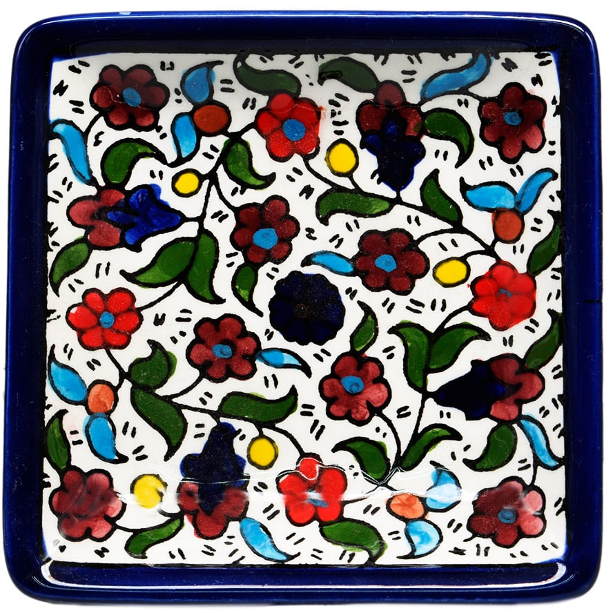 ‘Flowers’ Armenian Ceramic Snack Dish from Jerusalem – Colored (top view)