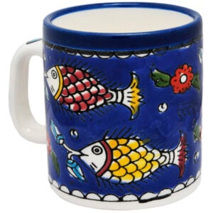 'Fishes' Armenian Ceramic Coffee Cup From Jerusalem - Blue (left side)