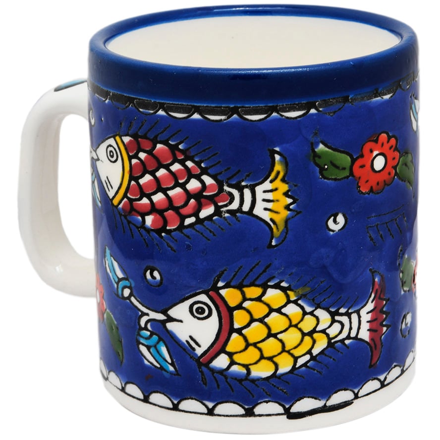 ‘Fishes’ Armenian Ceramic Coffee Cup From Jerusalem – Blue (left side)