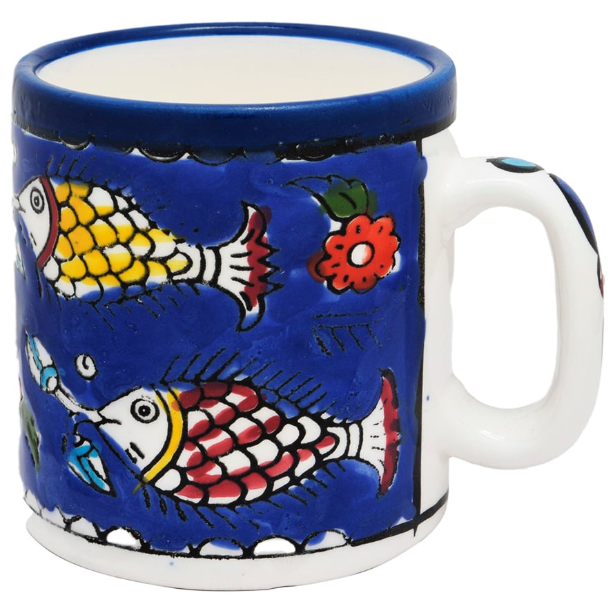 ‘Fishes’ Armenian Ceramic Coffee Cup From Jerusalem – Blue (right side)