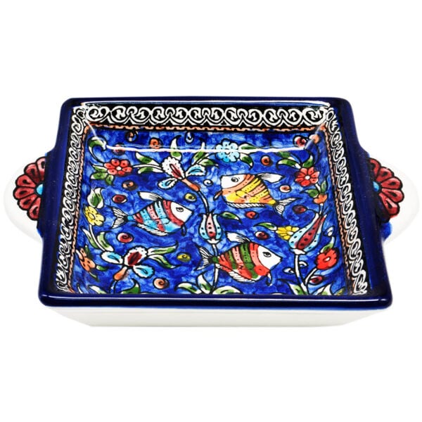 Fishes' Armenian Ceramic Snack Dish with Handles - Blue
