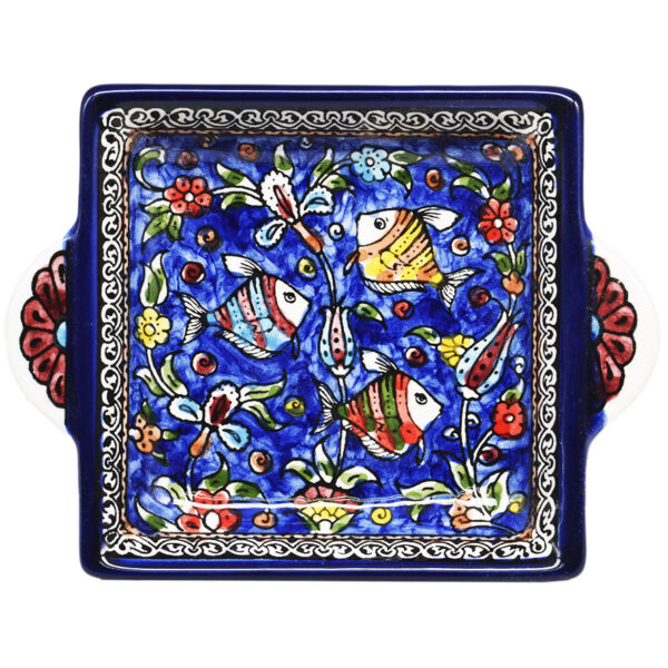 'Fishes' Armenian Ceramic Snack Dish with Handles - Blue (top view)