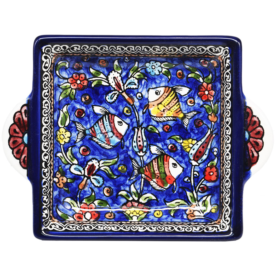 ‘Fishes’ Armenian Ceramic Snack Dish with Handles – Blue (top view)