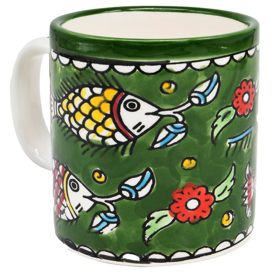 ‘Fishes’ Armenian Ceramic Espresso Cup From Jerusalem – Green (side view)