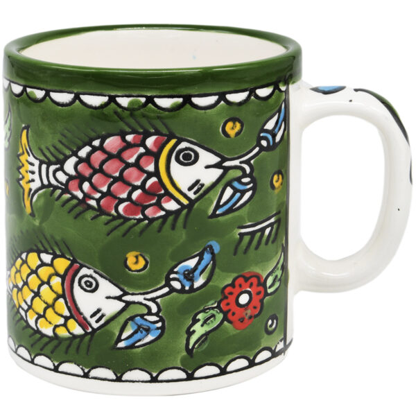 'Fishes' Armenian Ceramic Espresso Cup From Jerusalem - Green (straight view)