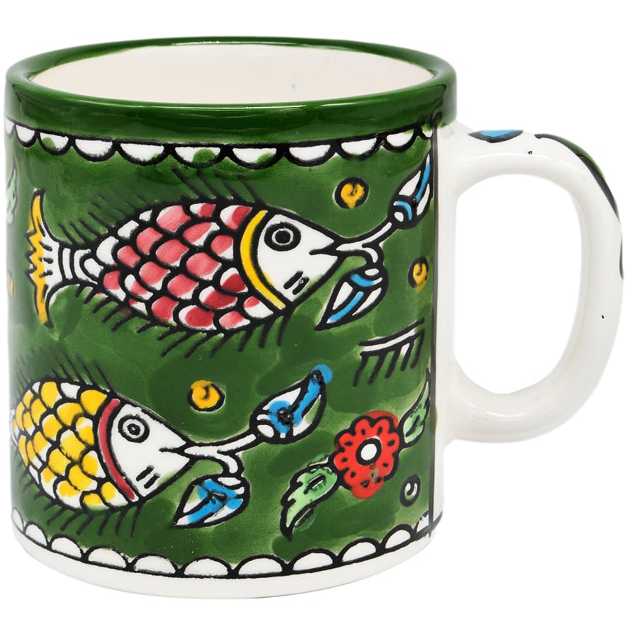 ‘Fishes’ Armenian Ceramic Espresso Cup From Jerusalem – Green (straight view)