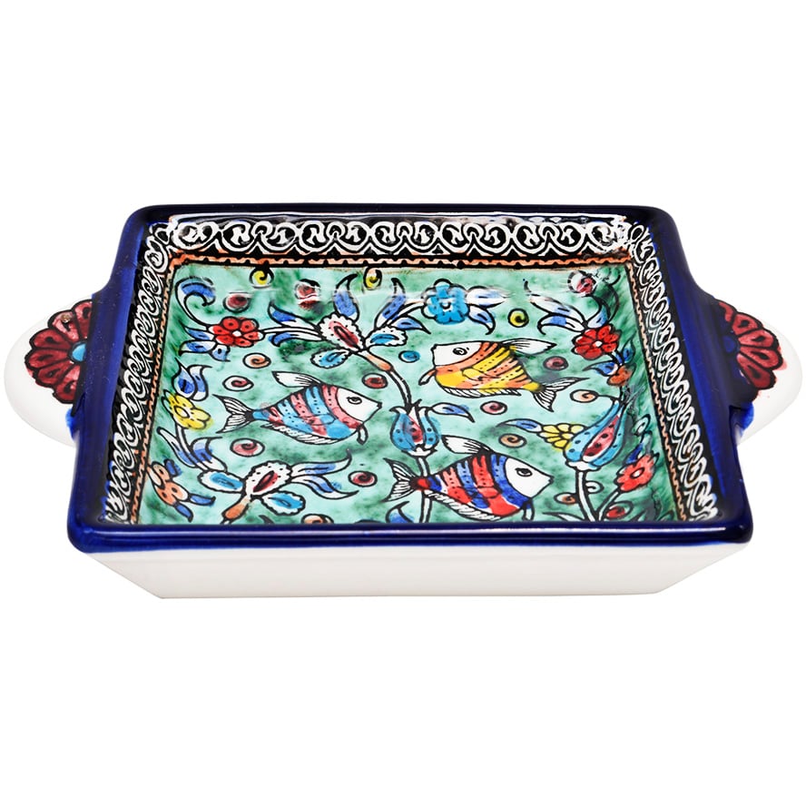 Fishes' Armenian Ceramic Serving Dish with Handles - Light Blue