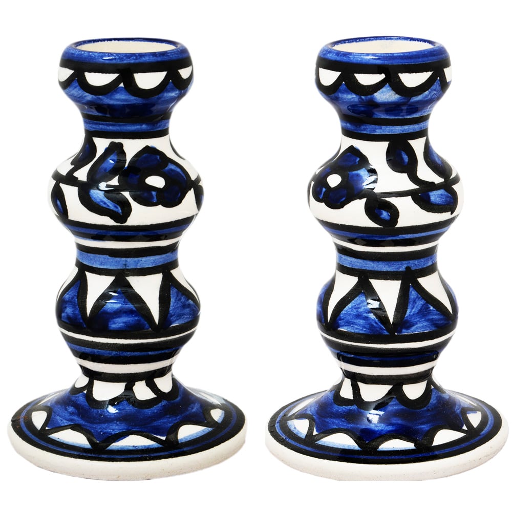 Pair of Armenian Ceramic 'Flowered' Candlesticks - Blue