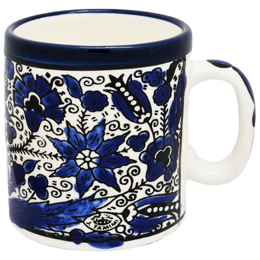 Flowers' Armenian Ceramic Coffee Cup From Jerusalem - Blue (right view)