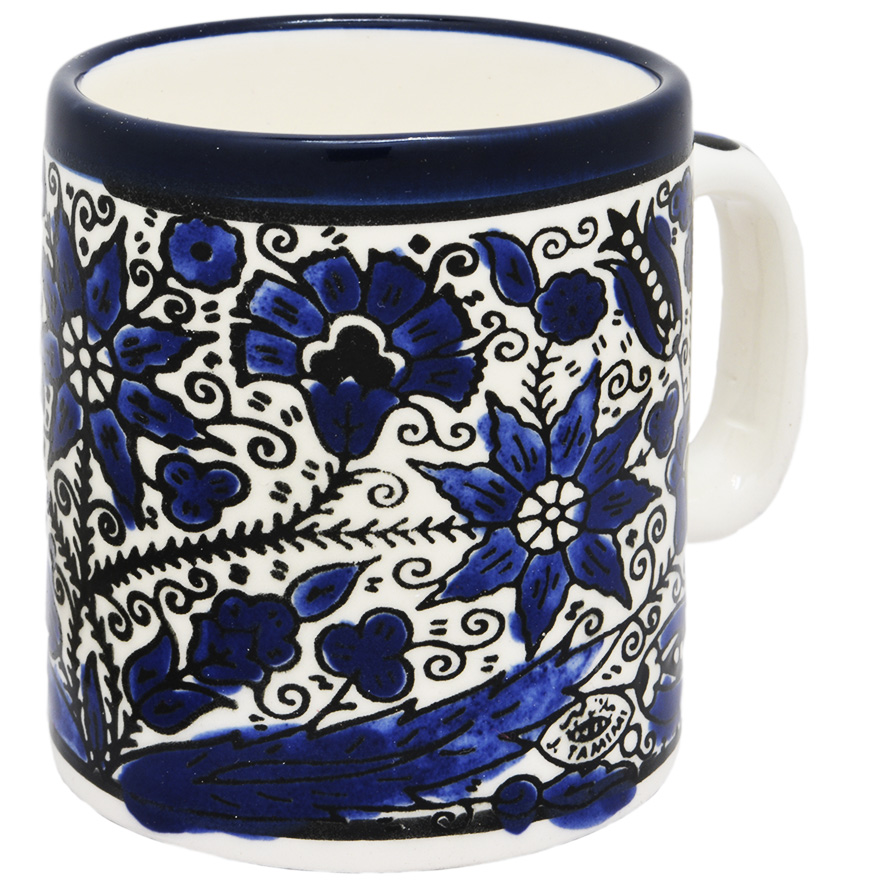 ‘Flowers’ Armenian Ceramic Coffee Cup From Jerusalem – Blue (half right)