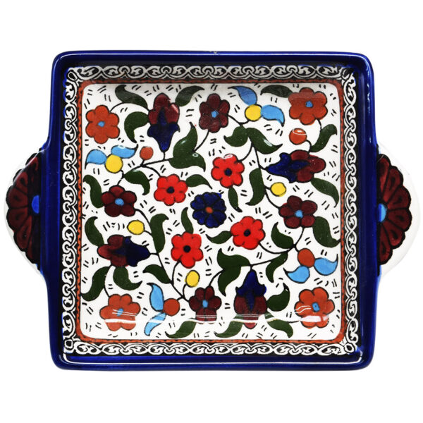 'Flowers' Armenian Ceramic Snack Dish with Handles - Blue (top view)