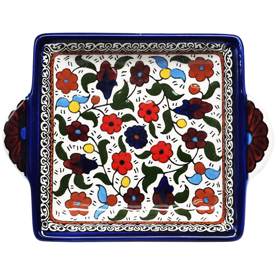 ‘Flowers’ Armenian Ceramic Snack Dish with Handles – Blue (top view)
