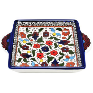 Flowers' Armenian Ceramic Snack Dish with Handles - Blue