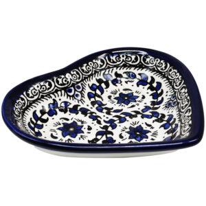 Hand Painted 'Flowers' Armenian Ceramic Heart Shaped Snack Dish - Blues (side view)