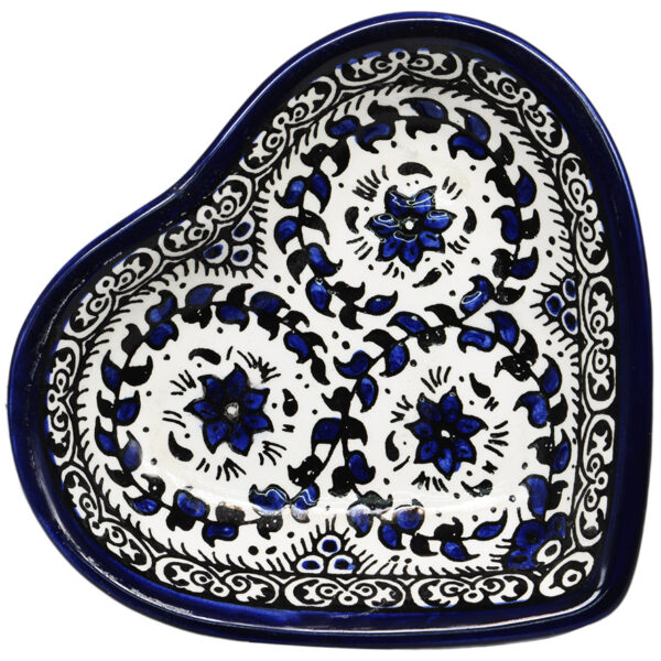 Hand Painted 'Flowers' Armenian Ceramic Heart Shaped Snack Dish - Blues