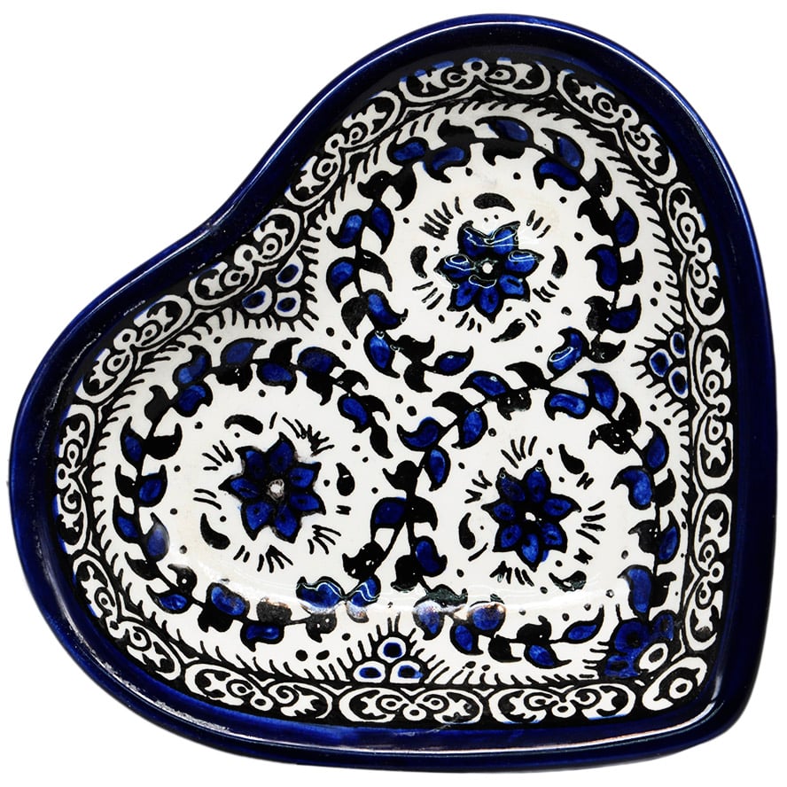 Hand Painted ‘Flowers’ Armenian Ceramic Heart Shaped Snack Dish – Blues
