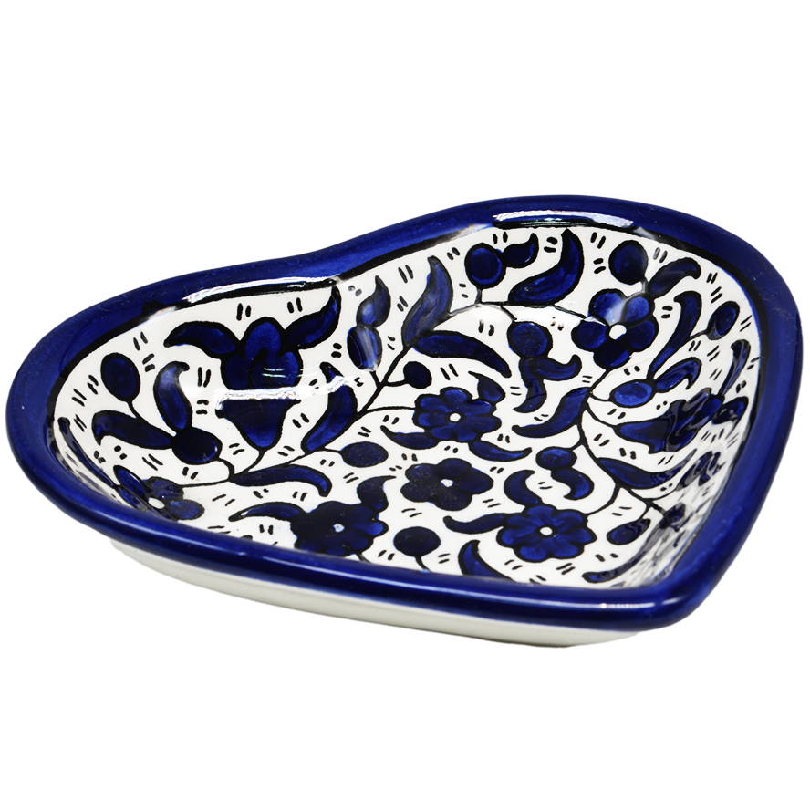 ‘Flowers’ Armenian Ceramic Heart Shaped Snack Dish – Blues (side view)