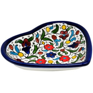 'Flowers' Armenian Ceramic Heart Shaped Snack Dish - Colored (side view)