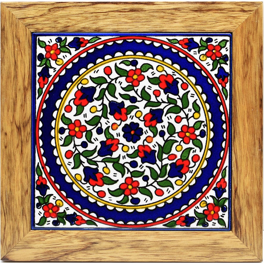 Hotplate – Armenian Ceramic – Wood Frame – Red and Blue Flowers