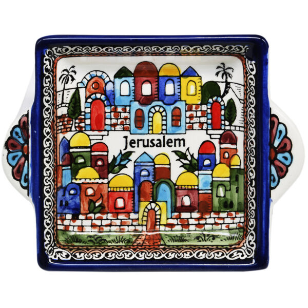 'Jerusalem' Old City Armenian Ceramic Snack Dish with Handles (top view)
