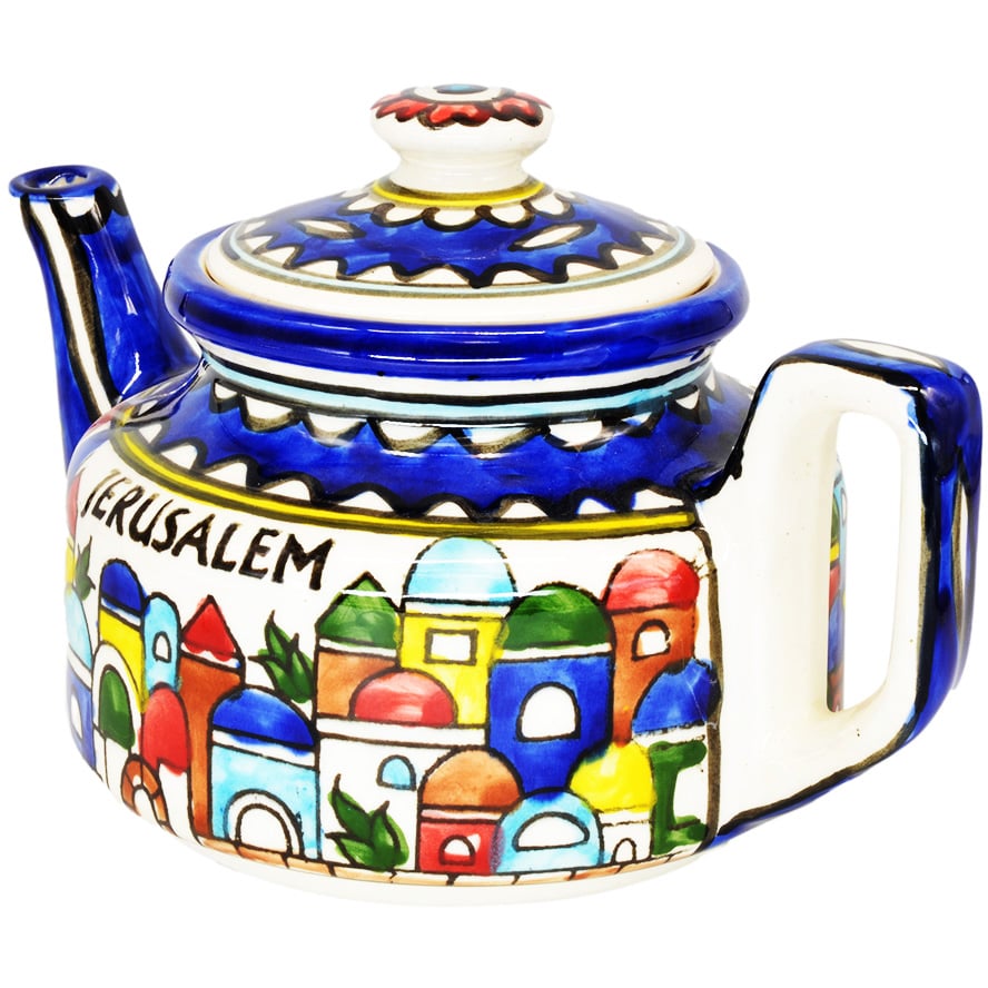 Armenian Ceramic Tea Pot ‘Jerusalem’ Made in the Holy Land (angle view)