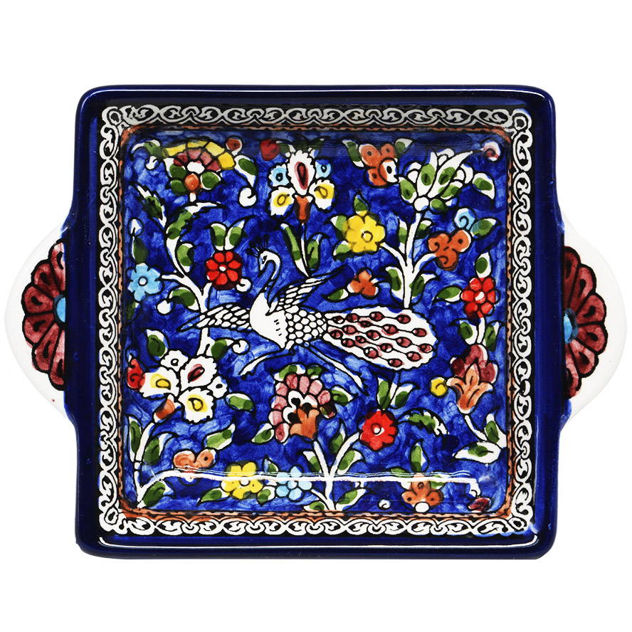 'Peacock' Armenian Ceramic Serving Dish with Handles - Blue (top view)