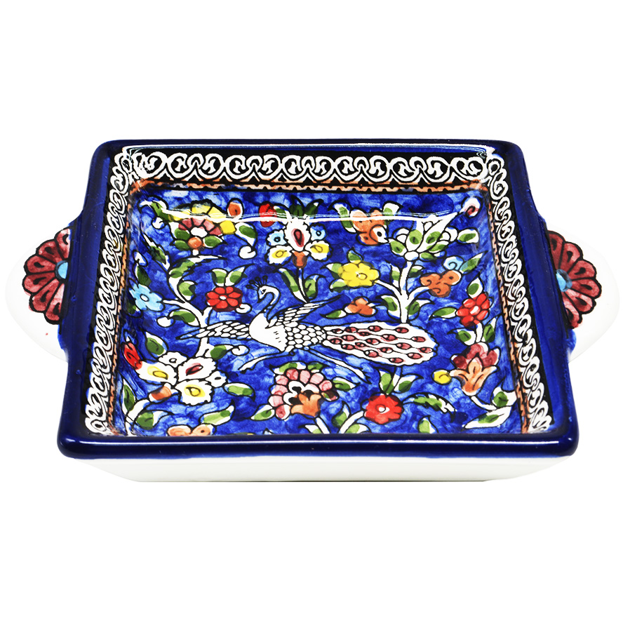 Peacock' Armenian Ceramic Serving Dish with Handles - Blue