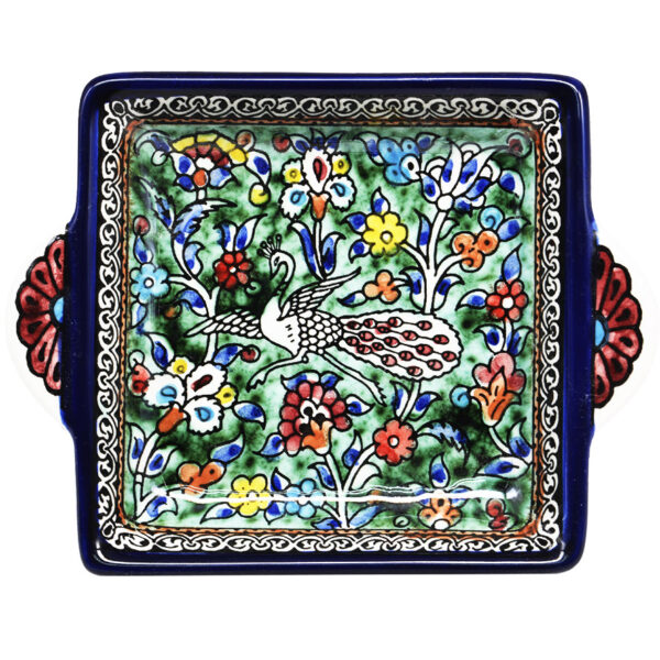 'Peacock' Armenian Ceramic Serving Dish with Handles - Green (top view)