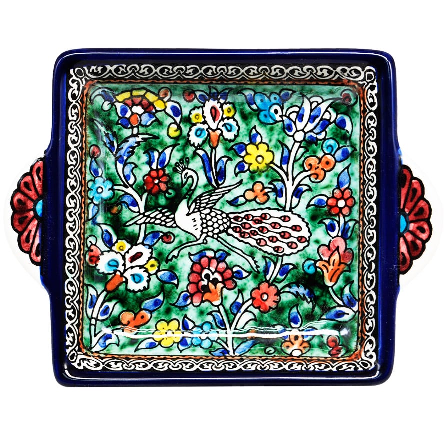 'Peacock' Armenian Ceramic Serving Dish with Handles - Green (top view)