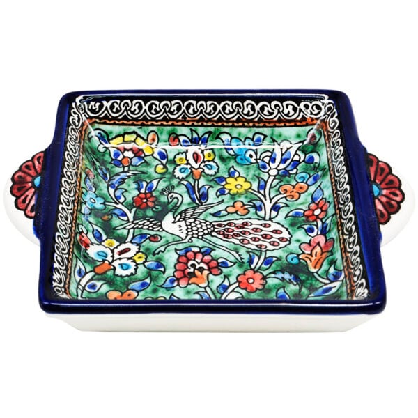 Peacock' Armenian Ceramic Serving Dish with Handles - Green