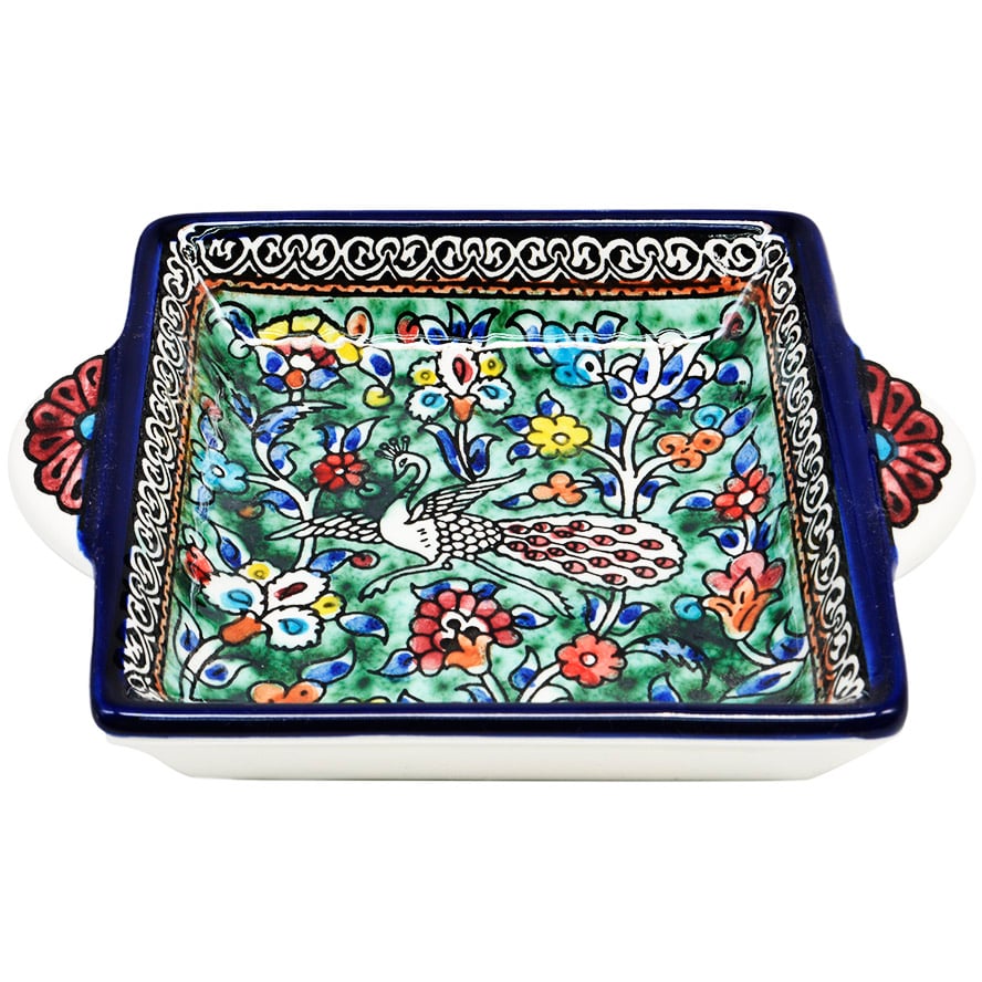 Peacock’ Armenian Ceramic Serving Dish with Handles – Green