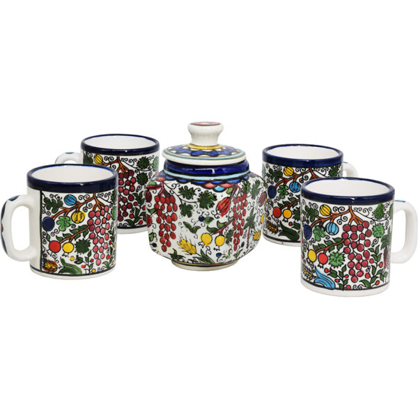 Armenian Ceramic 'Seven Species' 4 Espresso Cup and Sugar Pot Set (centered)