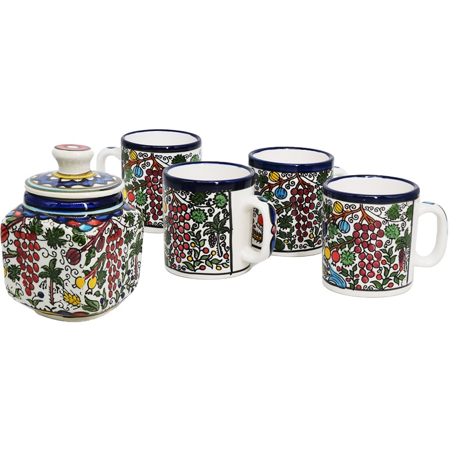 Armenian Ceramic ‘Seven Species’ 4 Espresso Cup and Sugar Pot Set