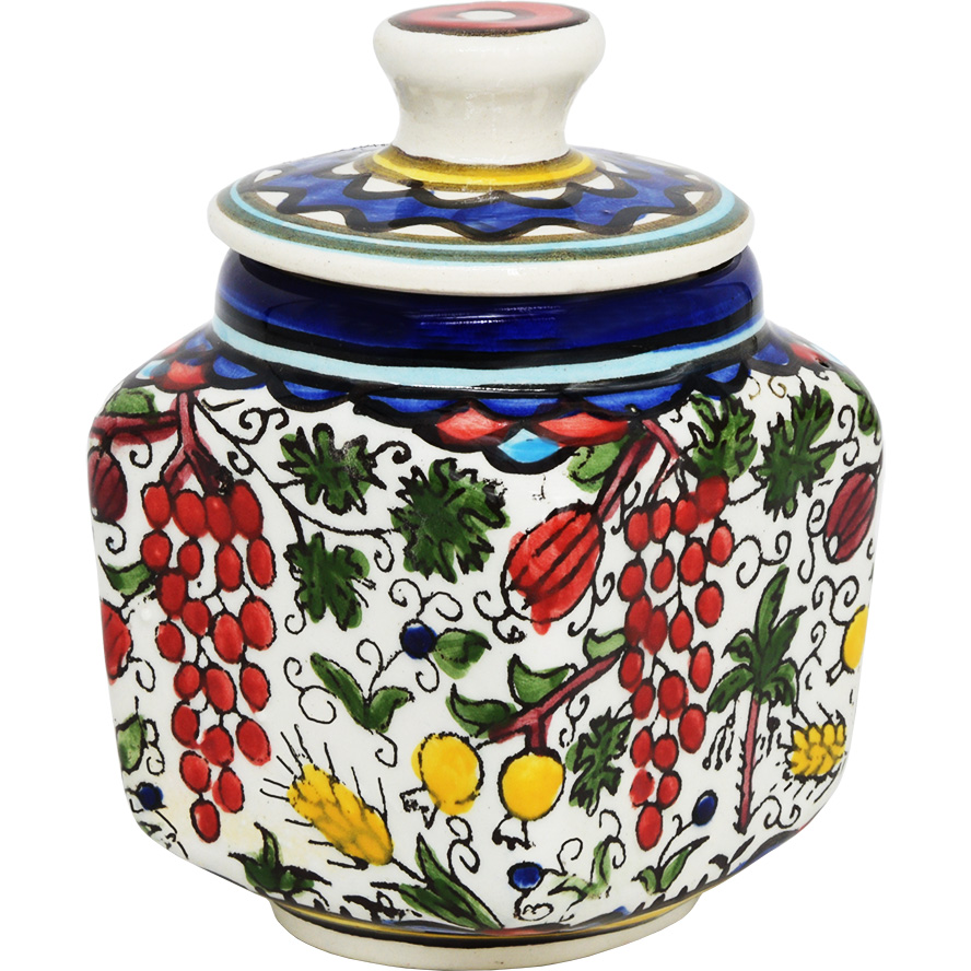 Armenian Ceramic ‘Seven Species’ Sugar Pot with Lid – Made in Israel