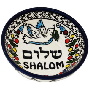 Mini Armenian Ceramic Bowl 'Shalom' in Hebrew - Peace Dove (top view)