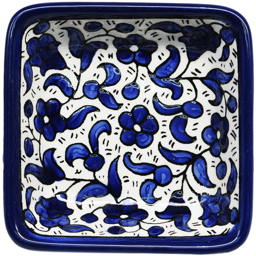 ‘Blue Flowers’ Armenian Ceramic Snack Dish – Square (top view)