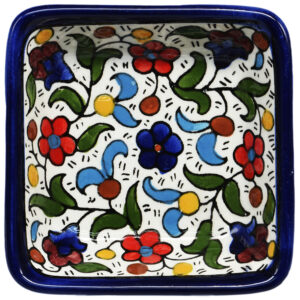 'Colorful Flowers' Armenian Ceramic Snack Dish - Square (top view)