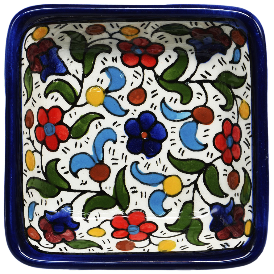 ‘Colorful Flowers’ Armenian Ceramic Snack Dish – Square (top view)