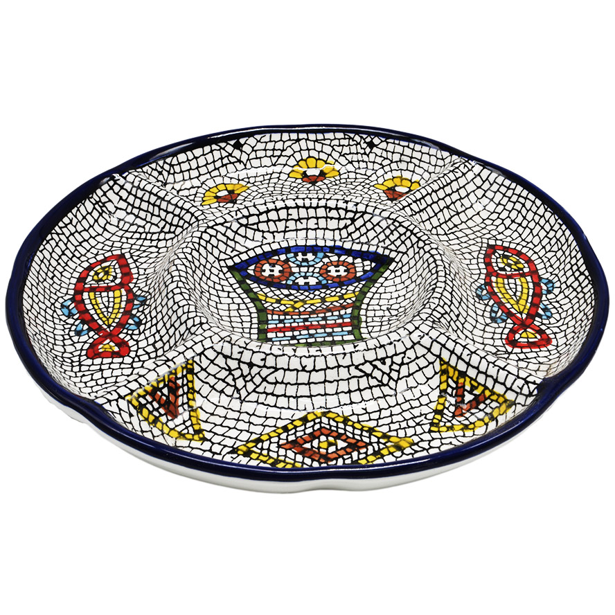 Armenian Ceramic ‘Tabgha – Loaves and Fishes’ Serving Plate – 9.5″ (angle view)