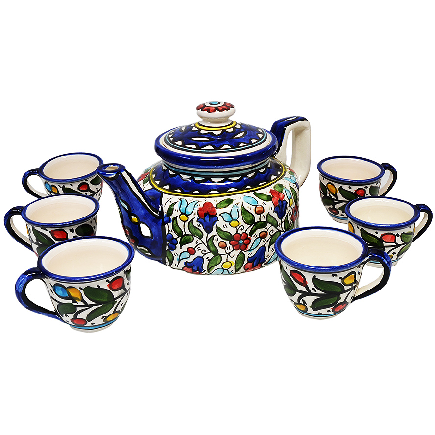 Armenian Ceramic Tea Pot with 6 Cups Set – Colorful Flowers (from above)