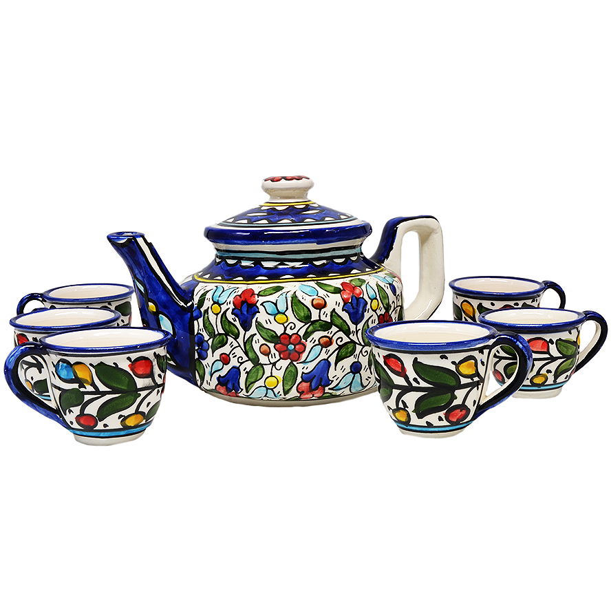 Armenian Ceramic Tea Pot with 6 Cups Set – Colorful Flowers