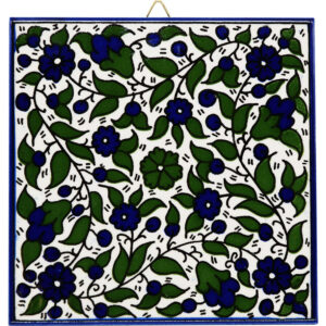 Armenian Ceramic 'Blue & Green Flowers' Wall Tile - Made in Israel - 6"