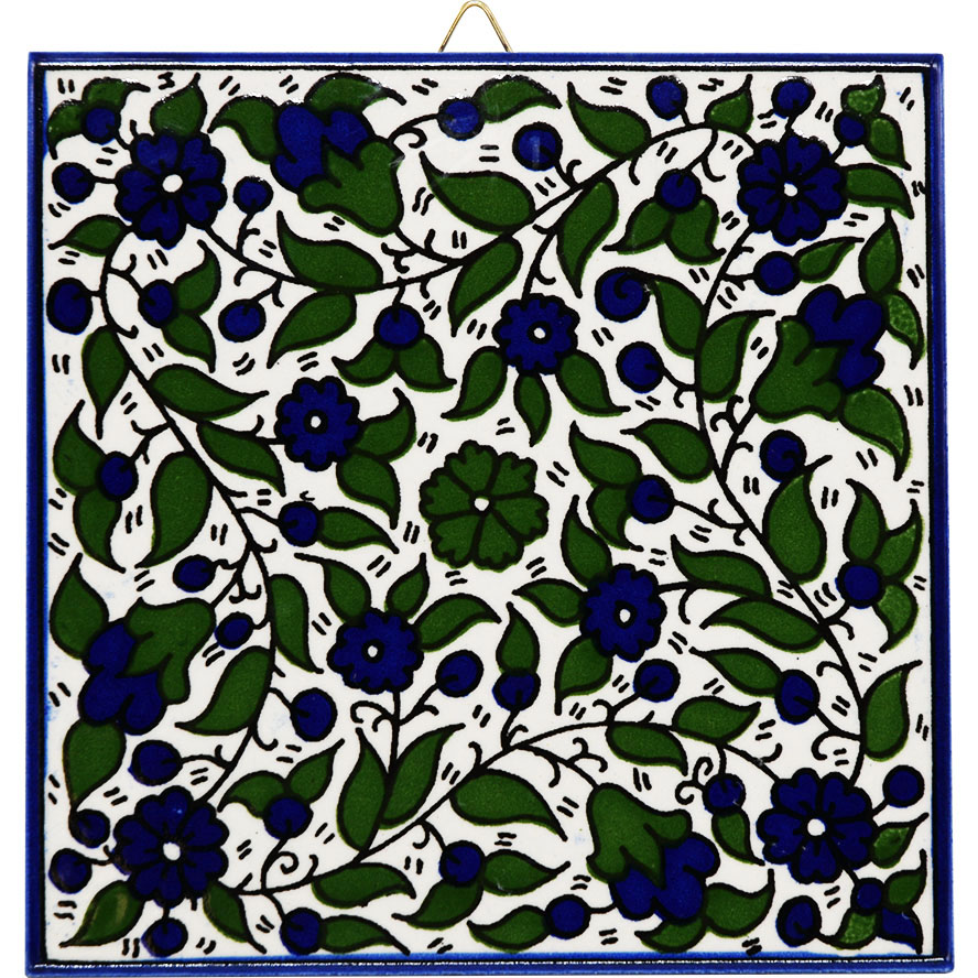 Armenian Ceramic ‘Blue & Green Flowers’ Wall Tile – Made in Israel – 6″