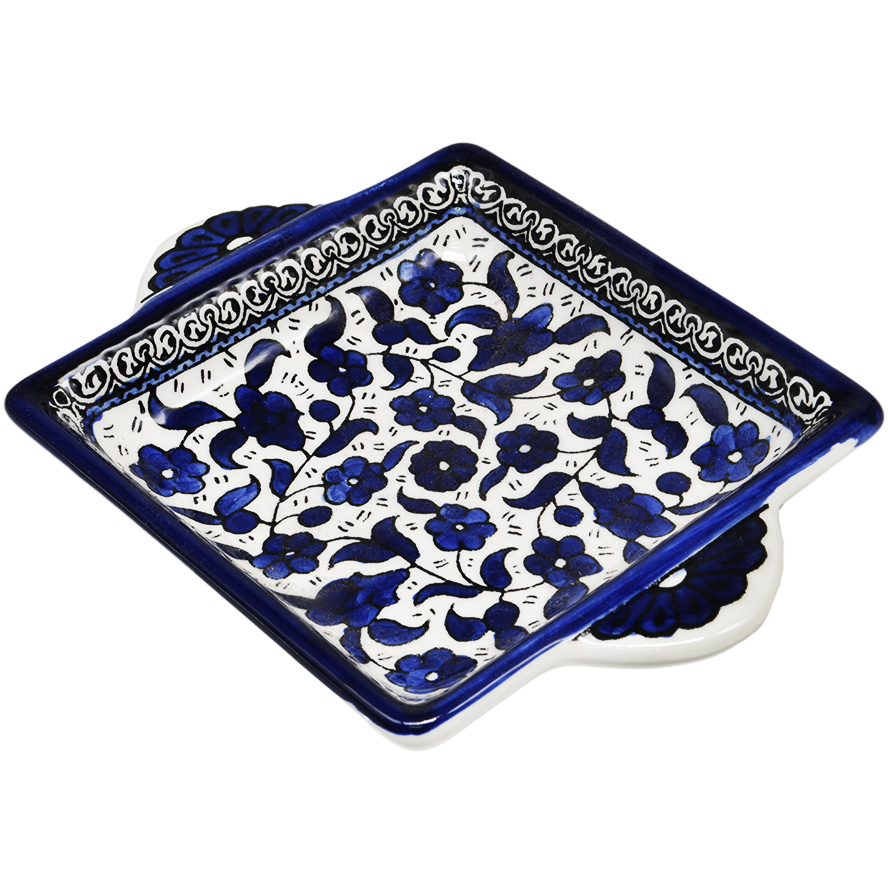 ‘Flowers’ Armenian Ceramic Snack Dish with Handles – Blues (side view)