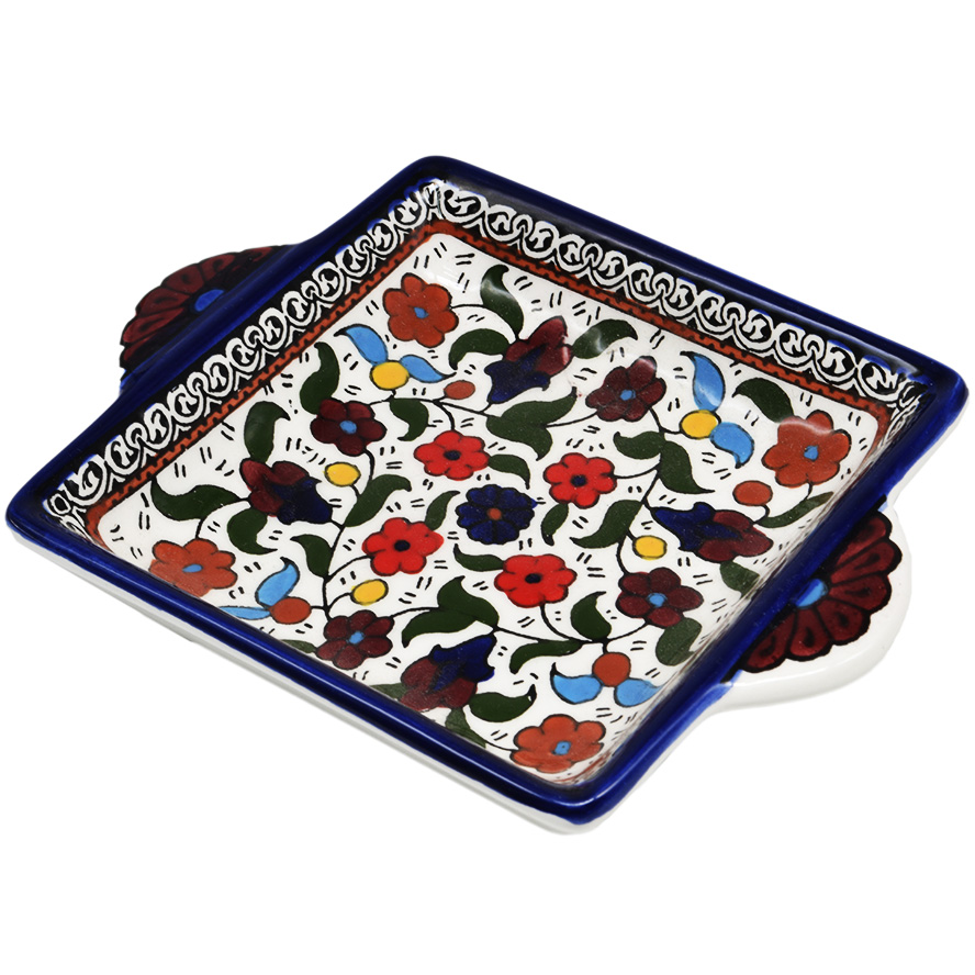 'Flowers' Armenian Ceramic Snack Dish with Handles - Colored (side view)