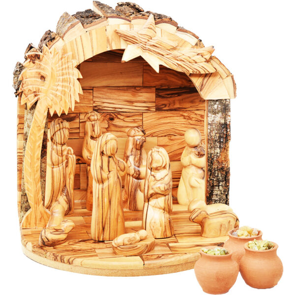 Bark Roof Nativity - Faceless Set in Olive Wood + Wise Men Gifts
