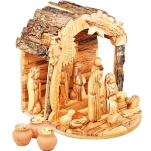 Olive Wood Bark Roof Faceless Nativity Set + Wise Men Gifts