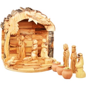 Olive Wood Bark Roof Faceless Nativity Set + Wise Men Gifts (front view)