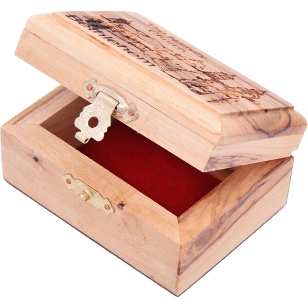 Engraved 'Shalom' Olive Wood Box with Menorah and Doves - 2.7" (open)