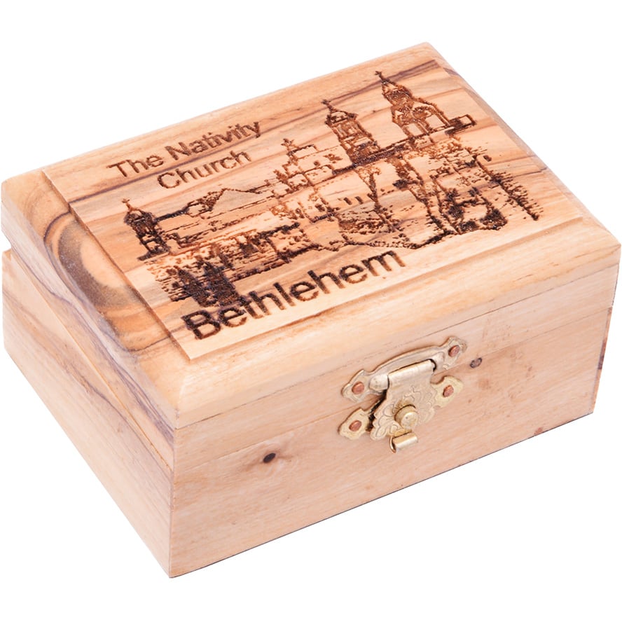 Engraved ‘Church of the Nativity – Bethlehem’ Olive Wood Box – 2.7″